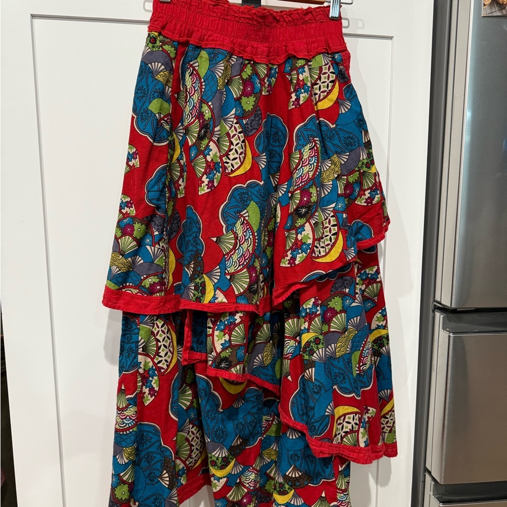 Vibrant Red and Blue Patterned Skirt